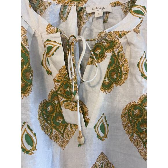 Haute Hippie Women Boho Linen Blouse top Sz L Paisley print Gold Beige Tie Neck - Picture 5 of 9